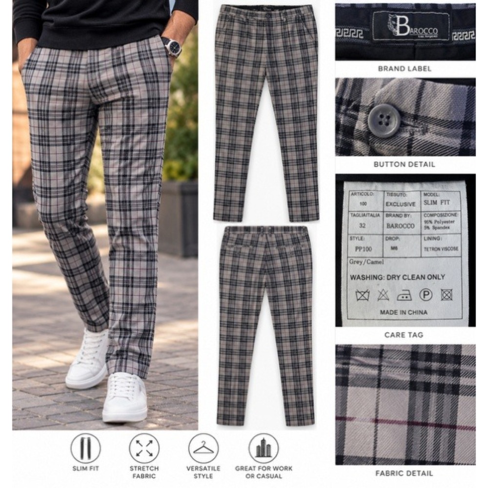 Barocco Los Angeles Mens Slim Fit Plaid Trousers Grey Camel PP100 Size 32